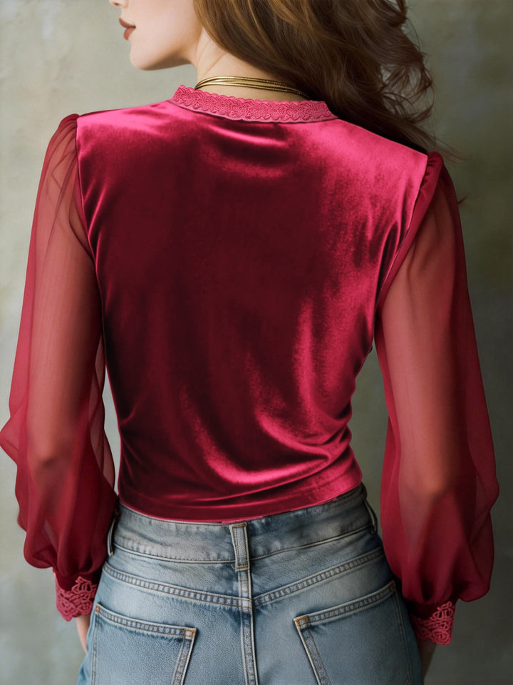 Women's Velvet V Neck Long Sleeve Lace Panel Blouse Top