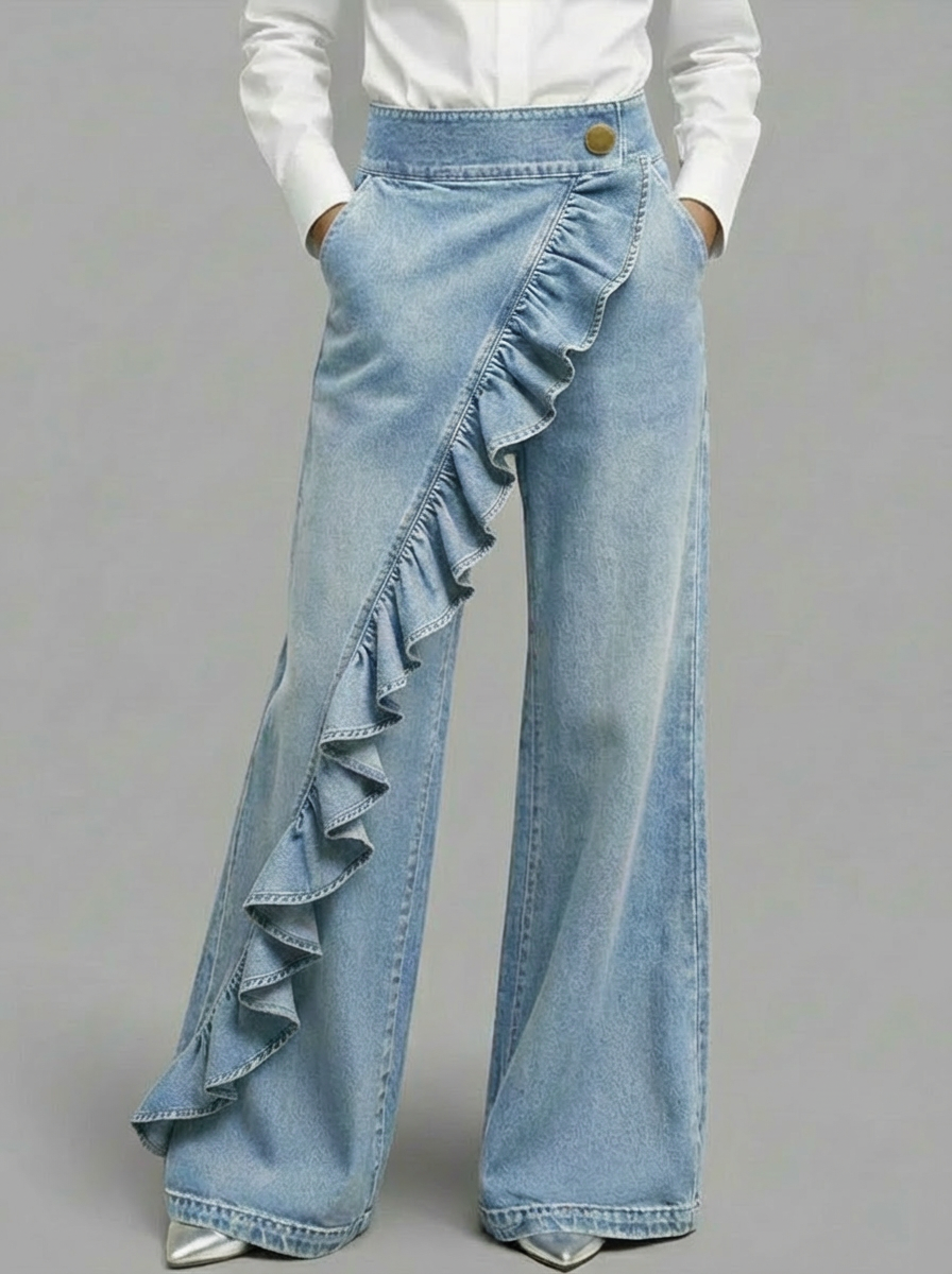 Women's Ruffle Front Wide Leg Denim Jeans