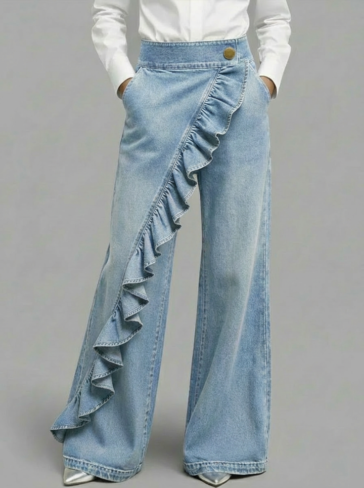 Women's Ruffle Front Wide Leg Denim Jeans