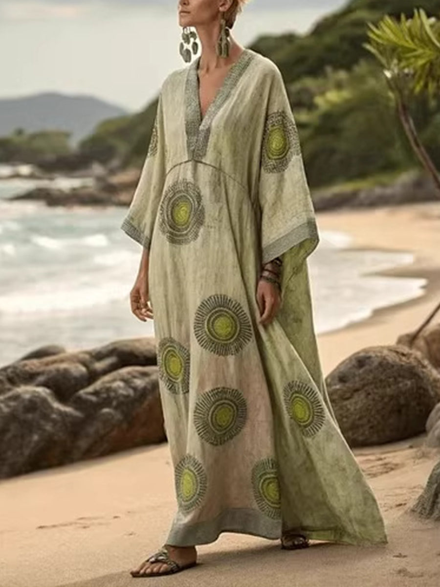 Women's Three-Quarter Sleeve Art Print Linen Kaftan Beach Maxi Dress