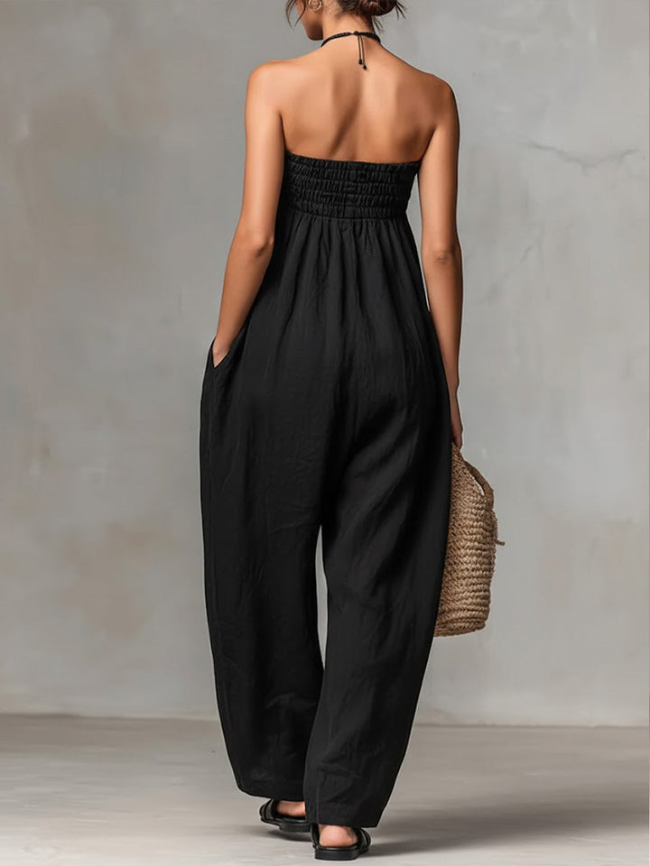 Women's Linen Strapless Wide Leg Jumpsuit