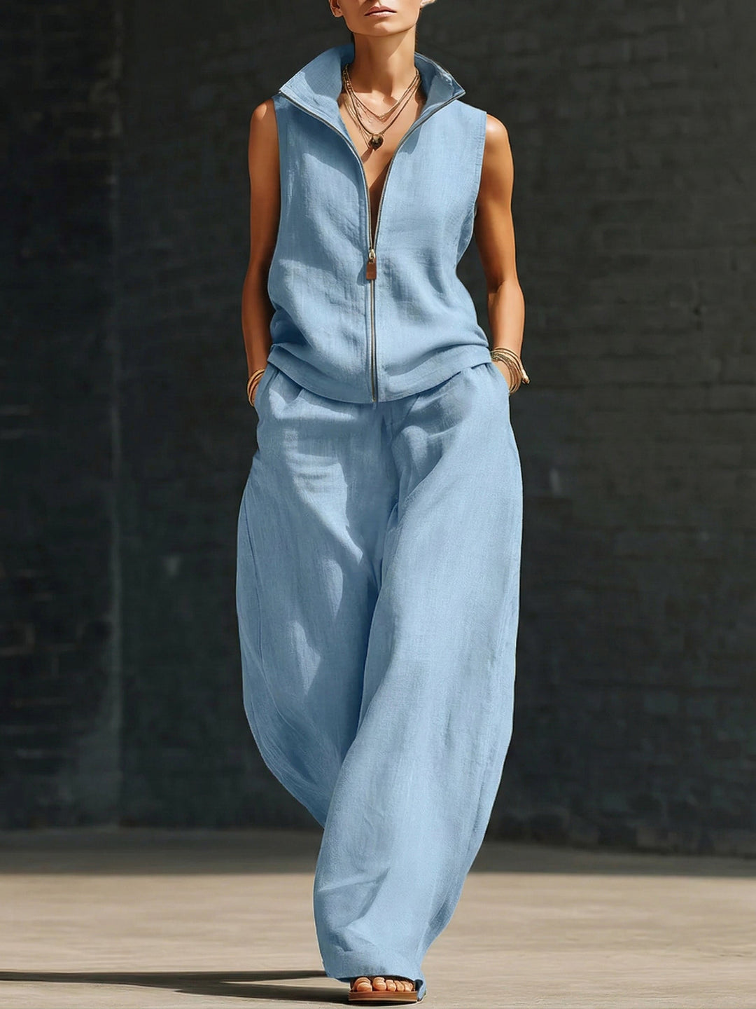 Women's Linen Sleeveless Zip Up Wide Leg Jumpsuit One Piece Overalls