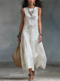 Women's Crew Neck Sleeveless Dragonfly Print Boho Linen Maxi Sundress