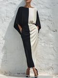 Women's Satin Batwing Sleeve Colorblock Maxi Dress