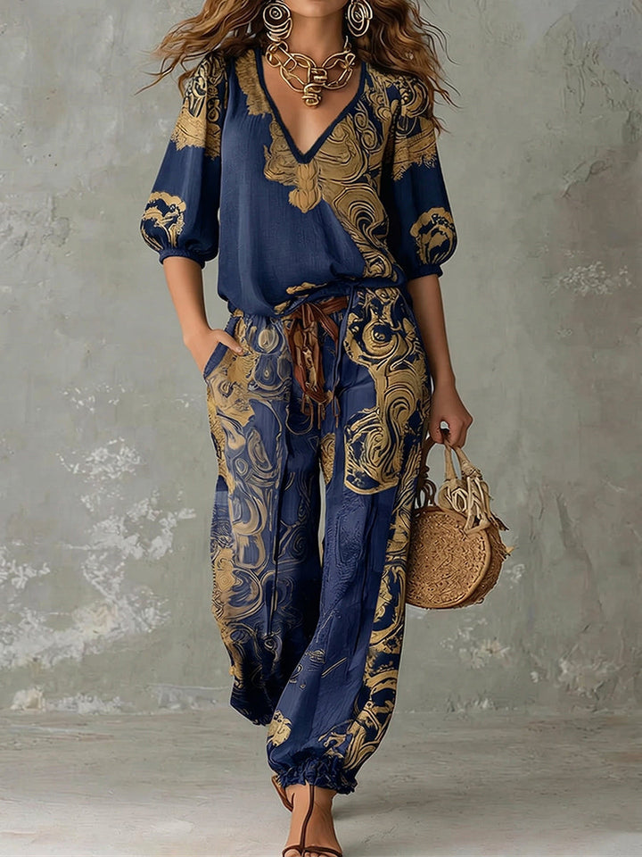 Women's Linen V-Neck Shirt Bohemian Retro Printed Loose Half Sleeve Top