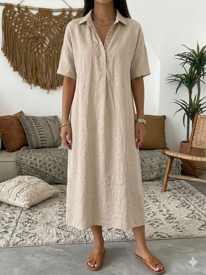Women's Linen Collared Button Maxi Shirt Dress