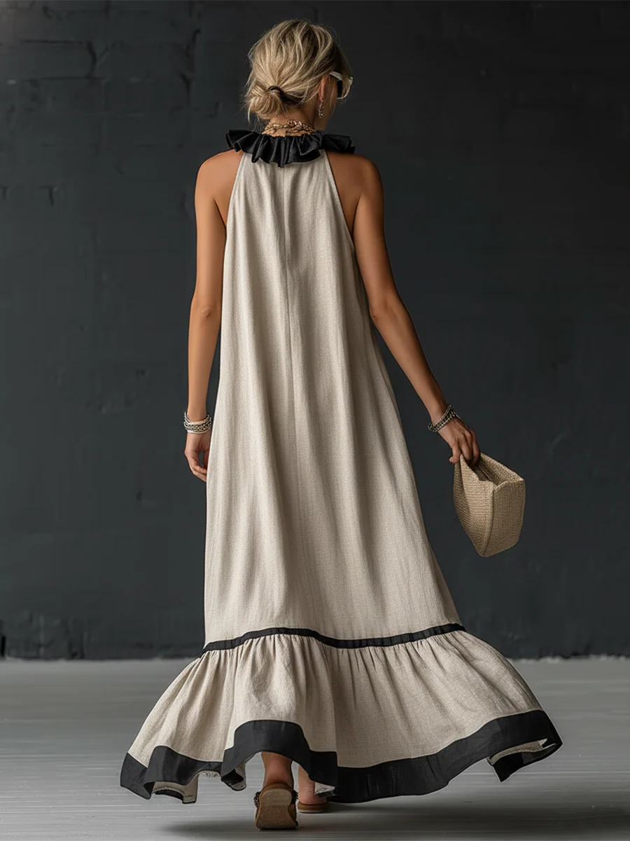 Women's Linen Ruffle Maxi Dress Sleeveless V-Neck Tiered Sundress
