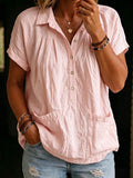 Women's Short Sleeve Linen Shirt Loose Casual Collared Blouse