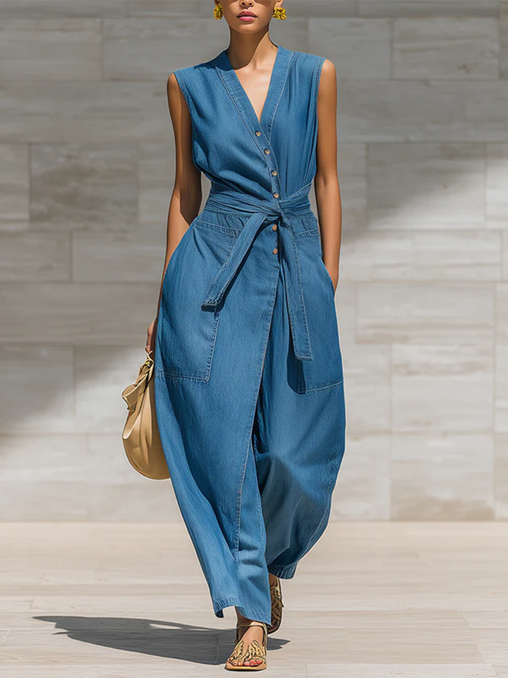 Women's V-Neck Sleeveless Denim Jumpsuit with Belted Waist