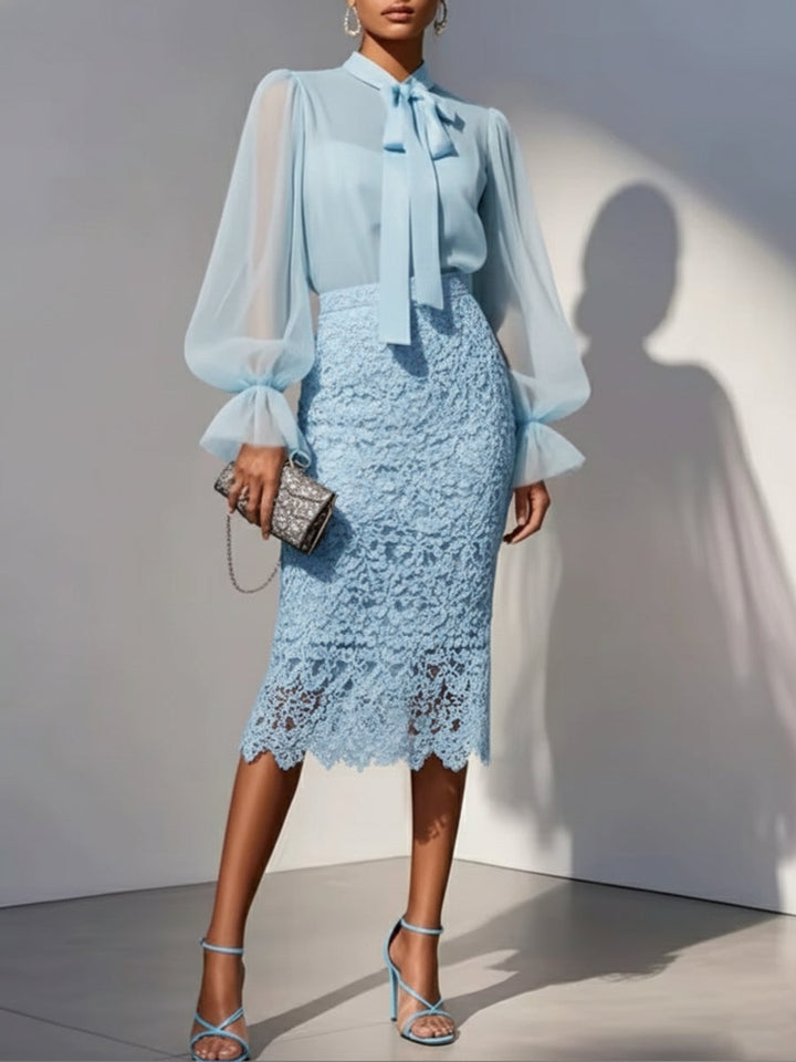 Women's Lace Skirt and Chiffon Blouse Set