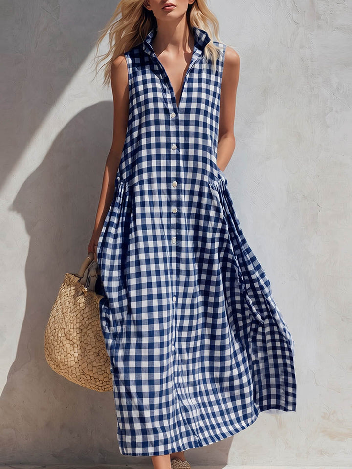 Women's Linen Sleeveless Gingham Shirt Dress