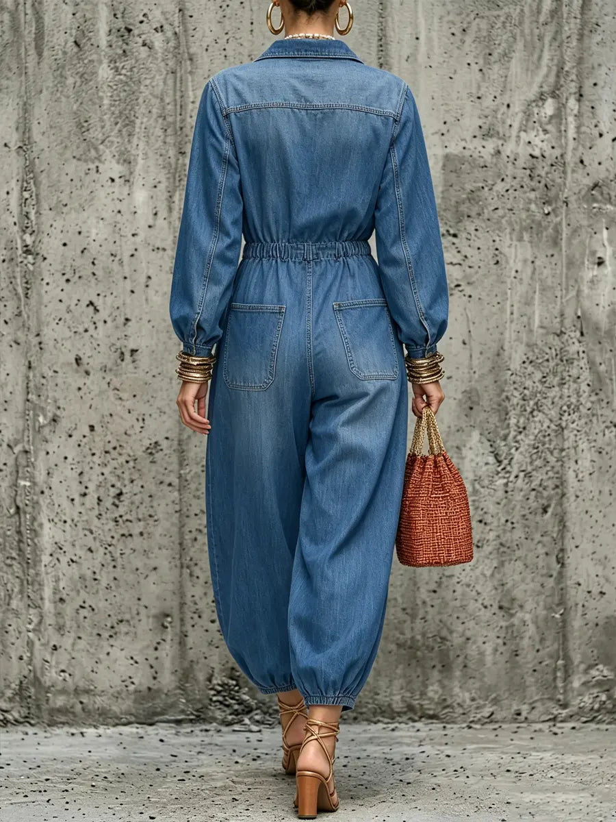 Women's Denim Jumpsuit Long Sleeve Utility Romper