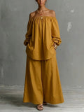 Women's Linen Off Shoulder Top and Wide Leg Trousers Two Piece Set