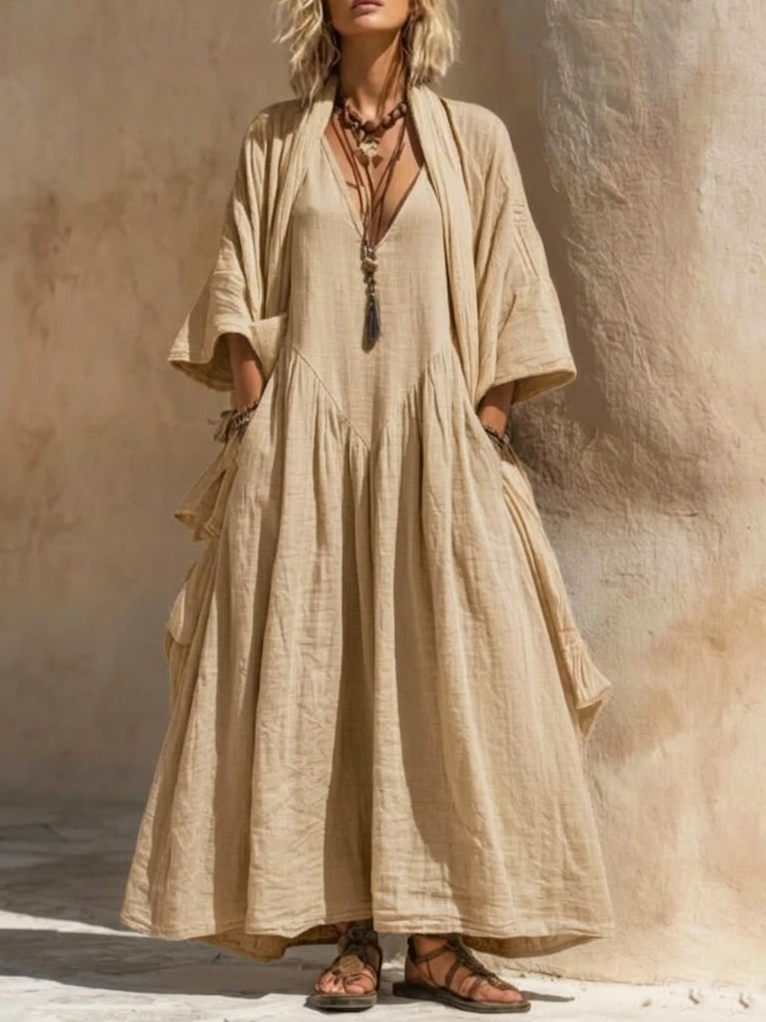 Women's Linen-Look V-Neck Maxi Dress and Cardigan Set