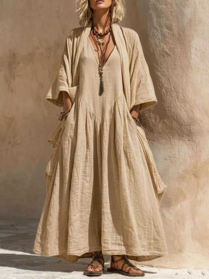Women's Linen-Look V-Neck Maxi Dress and Cardigan Set