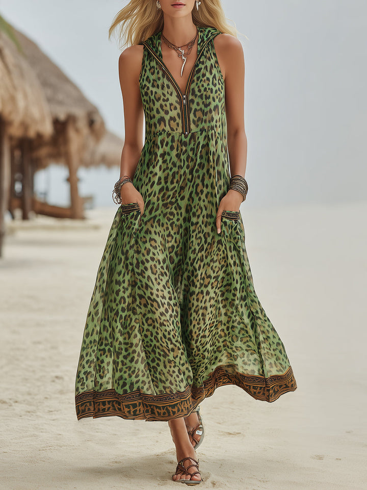 Women's Chiffon Leopard Print Sleeveless V-Neck Maxi Dress