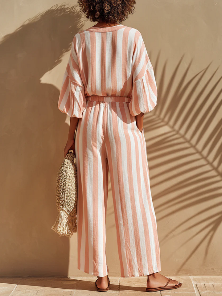 Women's Linen Two-Piece Set V-Neck Top and Striped Trousers Co-ord