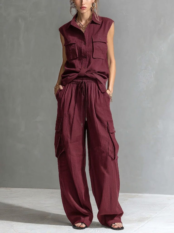 Linen Two Piece Cargo Set Women's Sleeveless Shirt and Wide Leg Trousers Co-ord