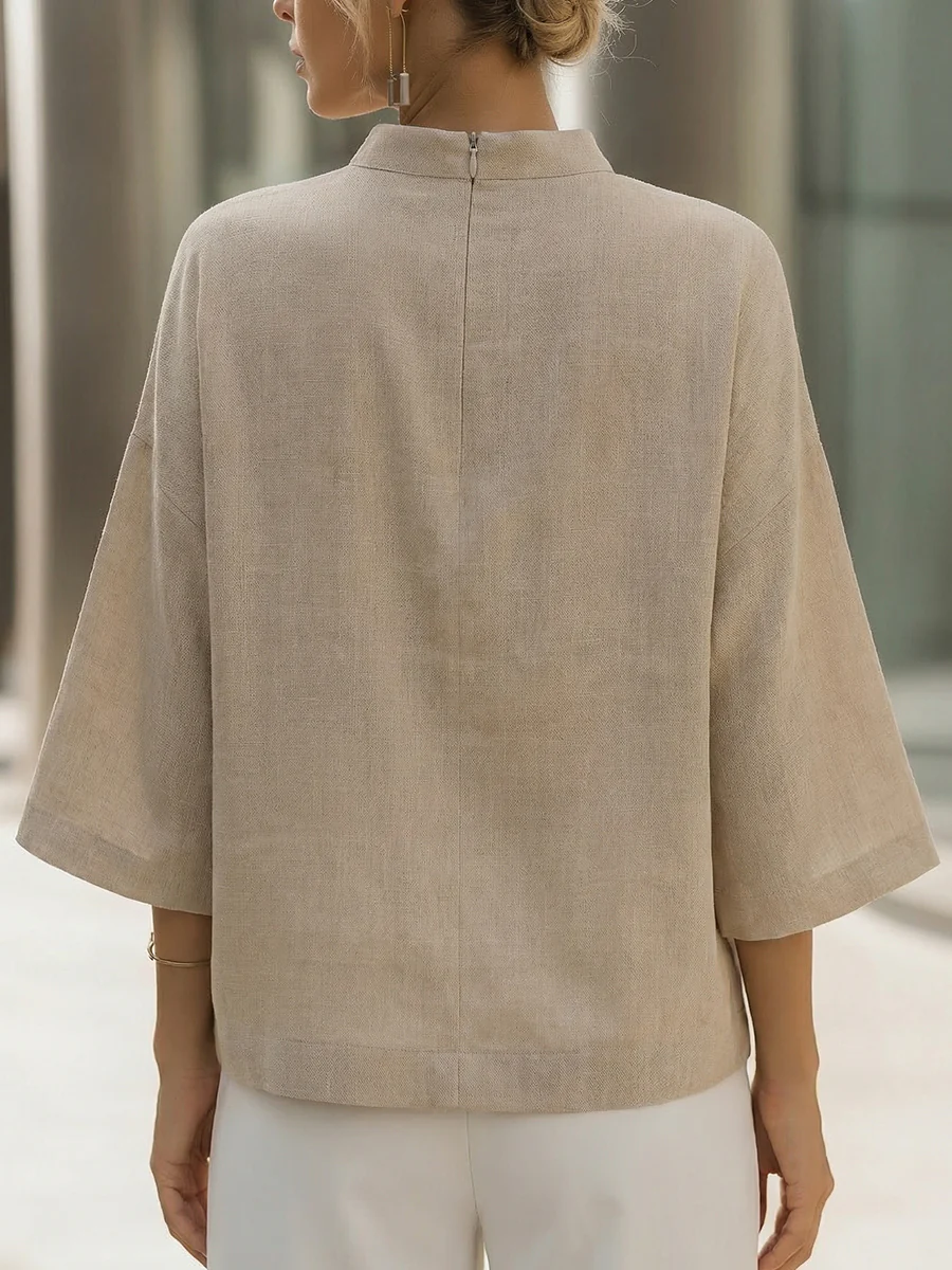 Women's Linen Blend Mock-Neck 3/4 Sleeve Top