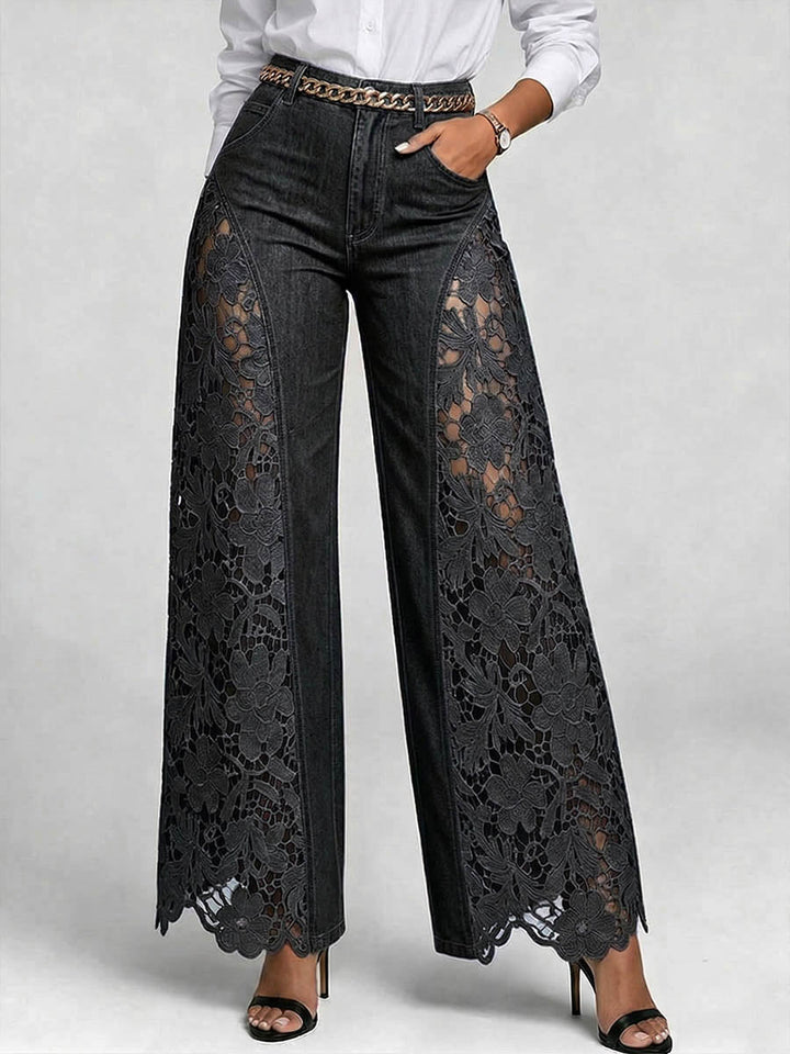 Women's Wide Leg Denim Jeans with Crochet Lace Inset Details