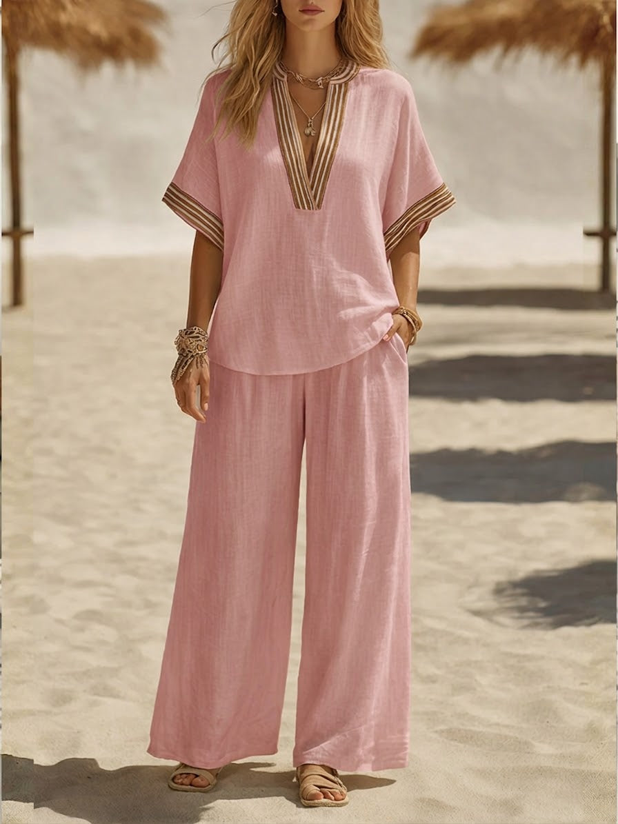 Women's Linen Two Piece Set Wide Leg Trousers and V Neck Tunic Top Outfit