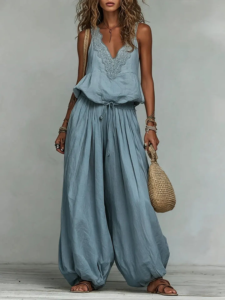 Women's Linen Boho Two Piece Set Sleeveless Top and Harem Pants Set