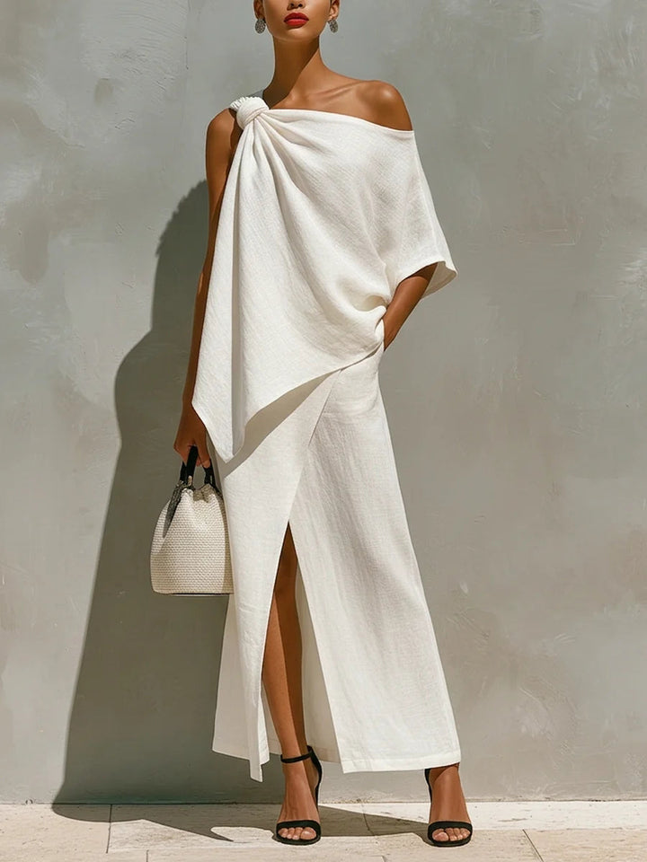 Women's Linen One Shoulder Top and Maxi Skirt Set Two Piece Outfits