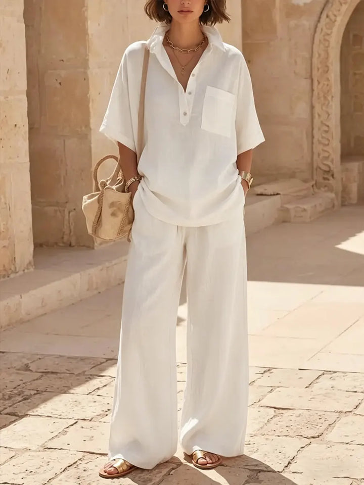 Women's Linen Lounge Set Short Sleeve Shirt and Wide Leg Trousers