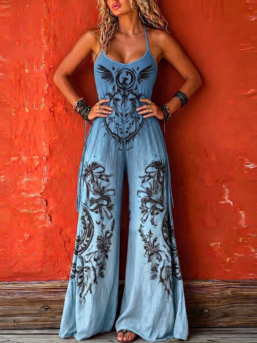 Linen Wide Leg Halter Neck Jumpsuit for Women