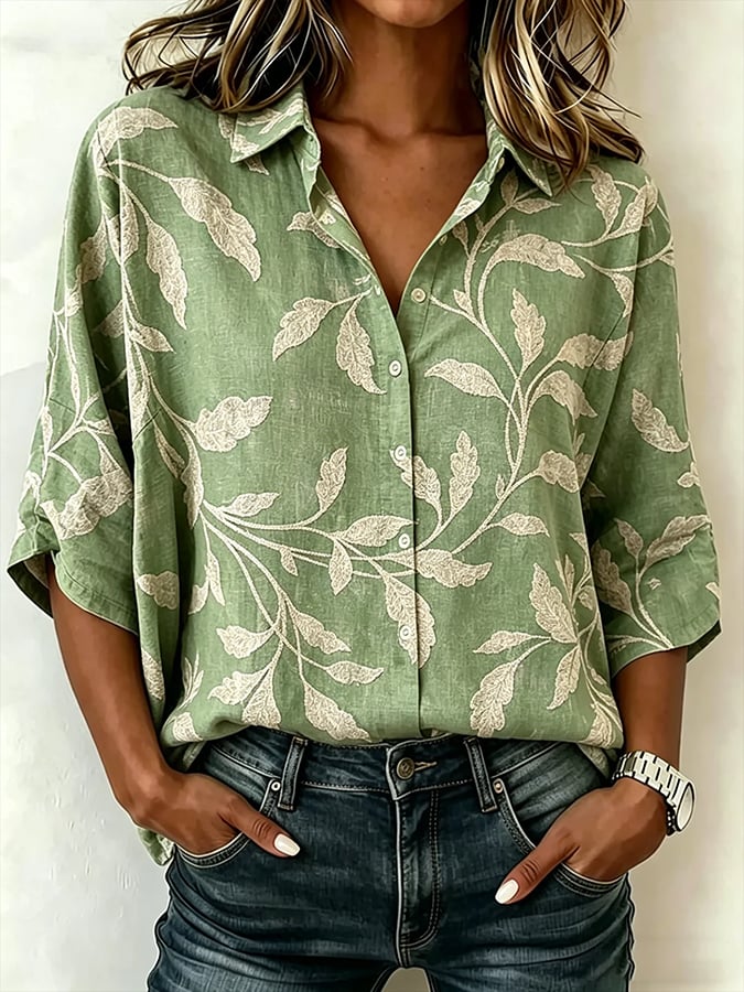 Women's Linen Leaf Print Button Up Shirt Relaxed Fit Blouse