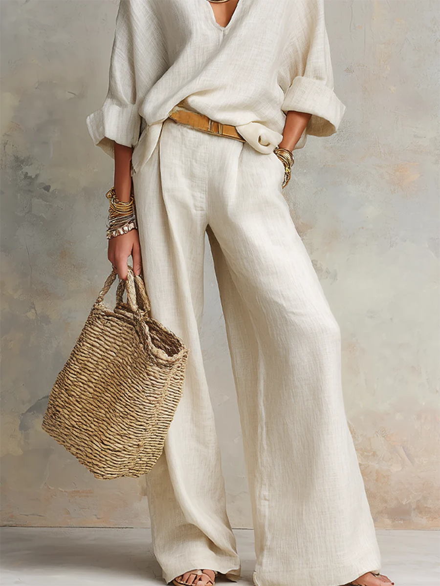 Women's Linen Wide Leg Trousers and V-Neck Top Set