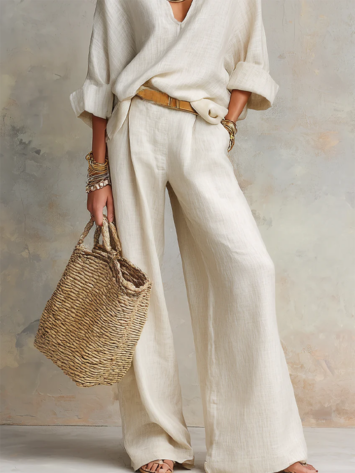 Women's Linen Wide Leg Trousers and V-Neck Top Set