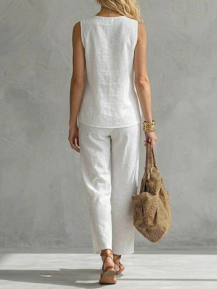 Women's Linen Two-Piece Sleeveless Top and Wide Leg Trouser Set