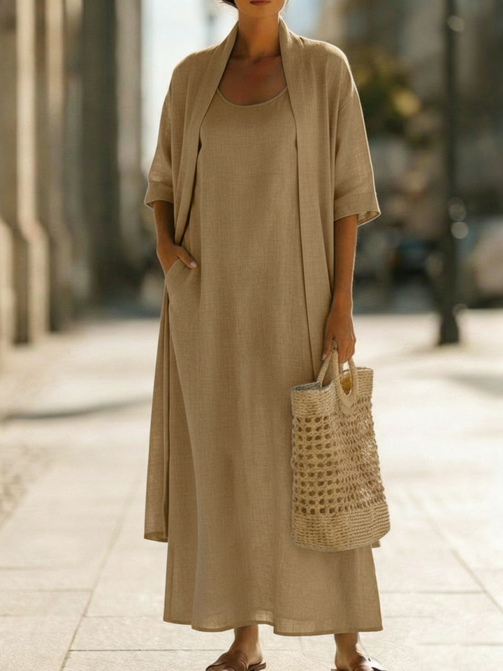 Women's Linen Maxi Dress and Cardigan Two Piece Set