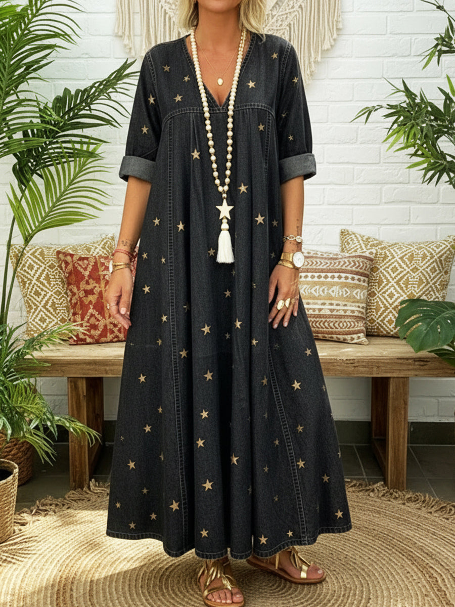 Women's Long-Sleeve Denim V-Neck Maxi Dress