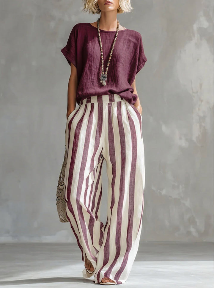 Women's Linen Two-Piece Set Striped Wide Leg Trousers and Short Sleeve Top