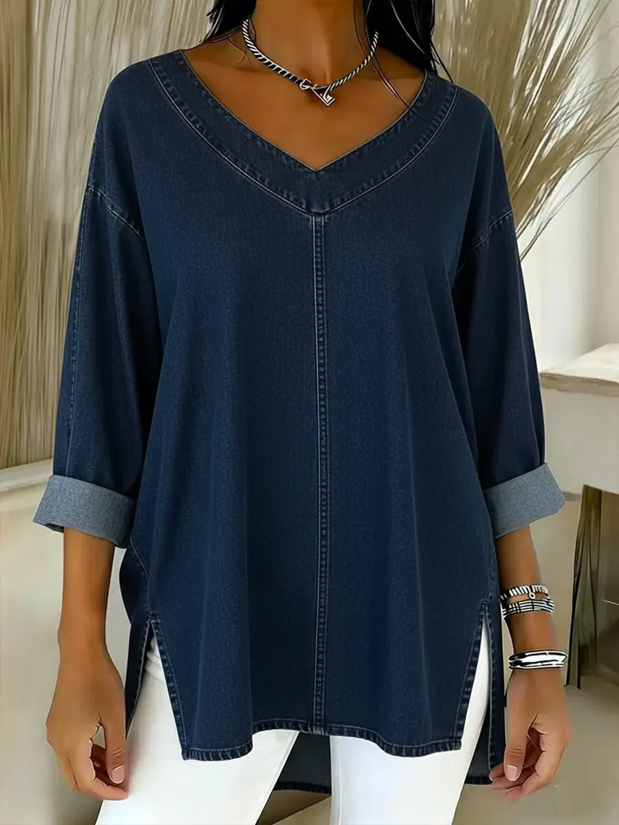 Women Denim V-Neck Tunic Blouse T-Shirt
