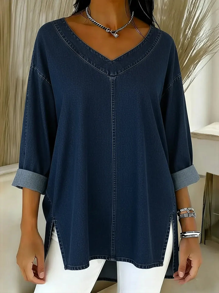 Women Denim V-Neck Tunic Blouse T-Shirt