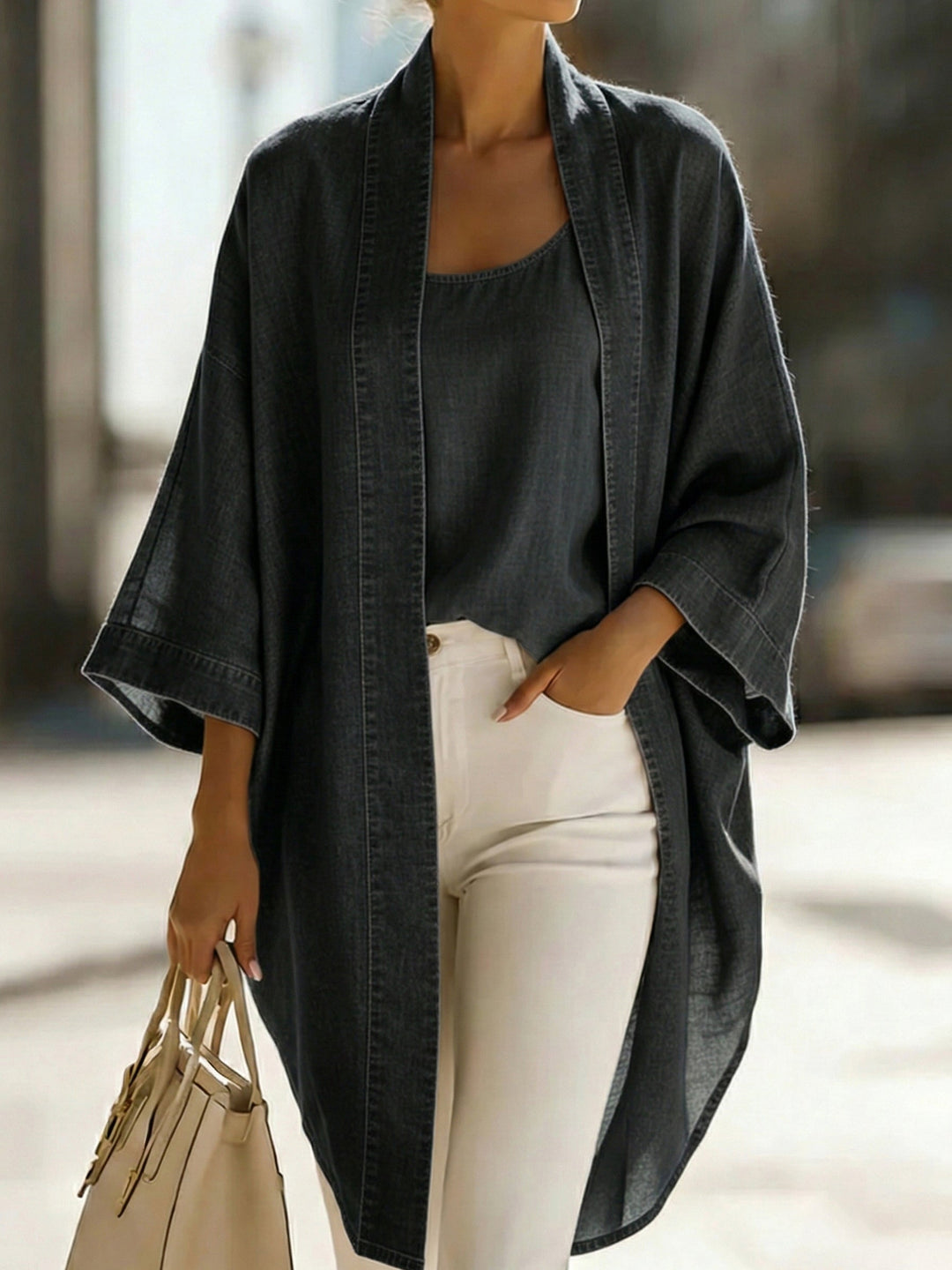 Women’s Linen Mix Open Front Kimono Cardigan and Camisole Top Set
