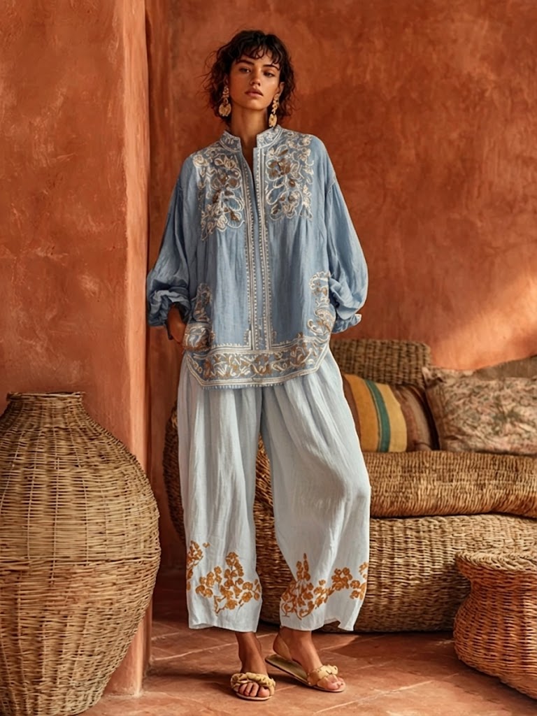 Women's Floral Print Wide Leg Linen Two-Piece Set