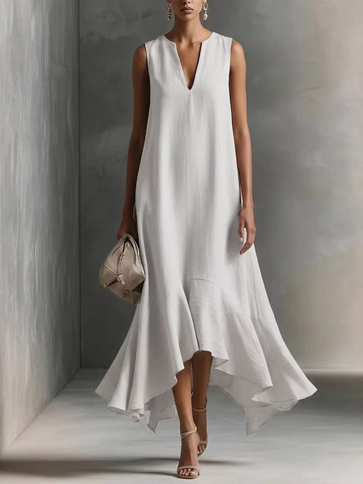 Women's Deep V-Neck Sleeveless Asymmetric Ruffle-Hem Linen Maxi Dress