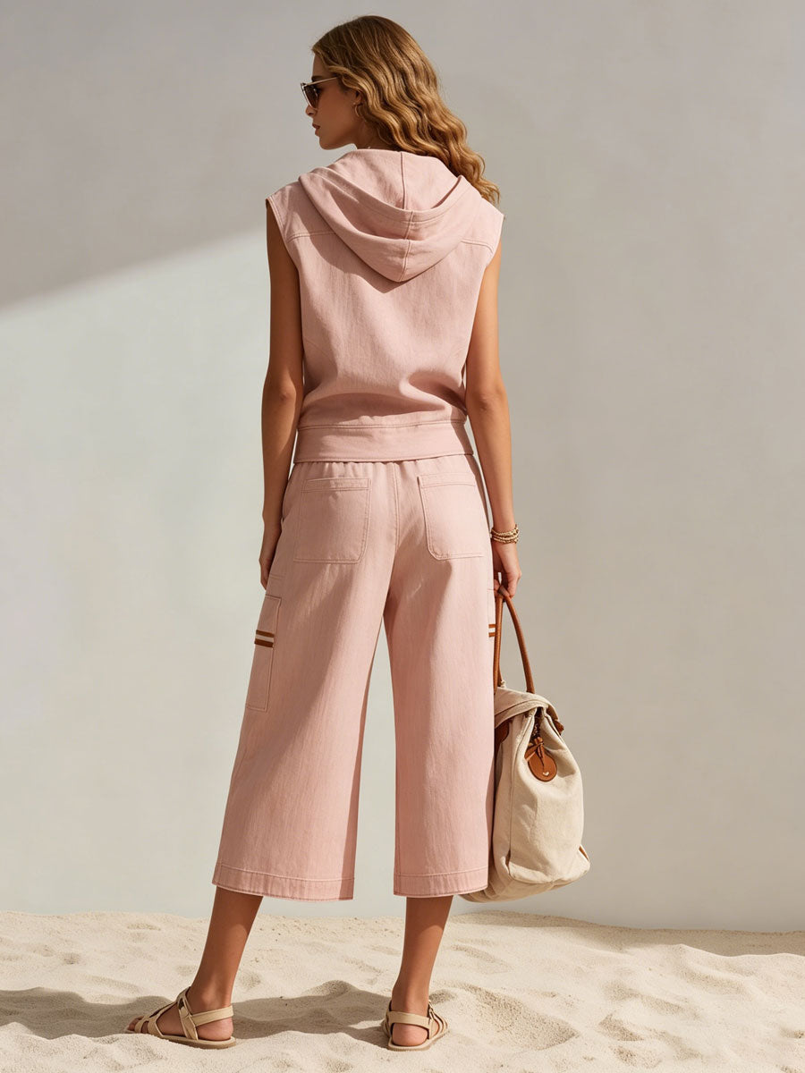 Women's Sleeveless Hoodie and Wide Leg Cropped Trousers Set
