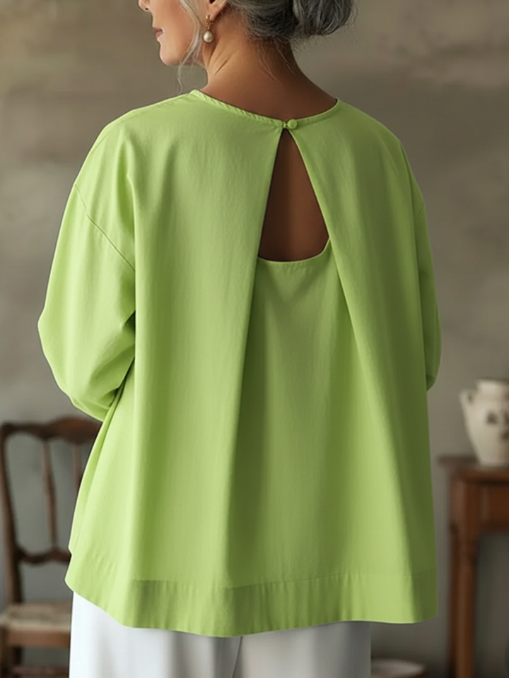 Damska bluzka luźnego kroju z lnu, z długim rękawem i okrągłym dekoltem