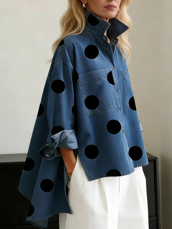Women's Polka Dot Denim Shirt Oversized Button Up Blouse Long Sleeve Top