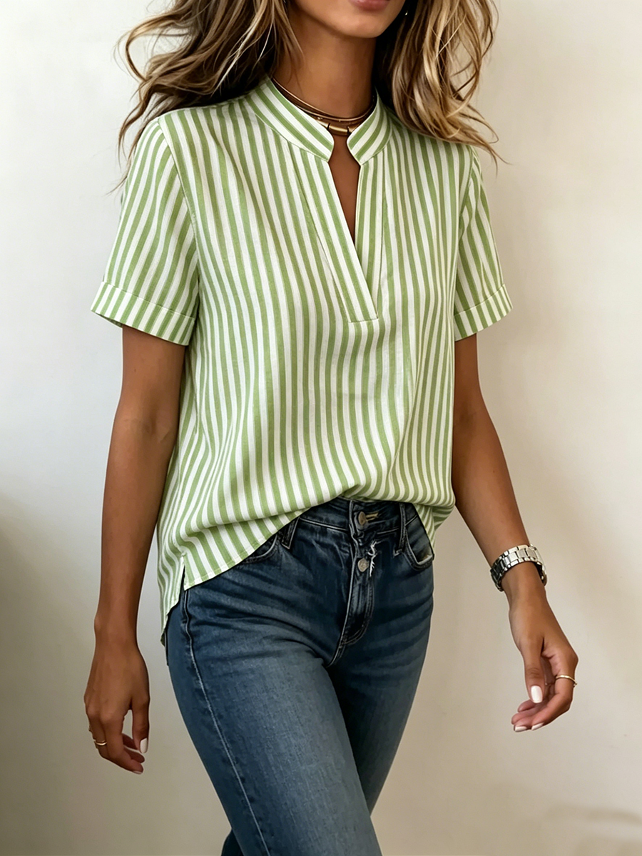Women's Linen Striped V Neck Tunic Short Sleeve Blouse Top