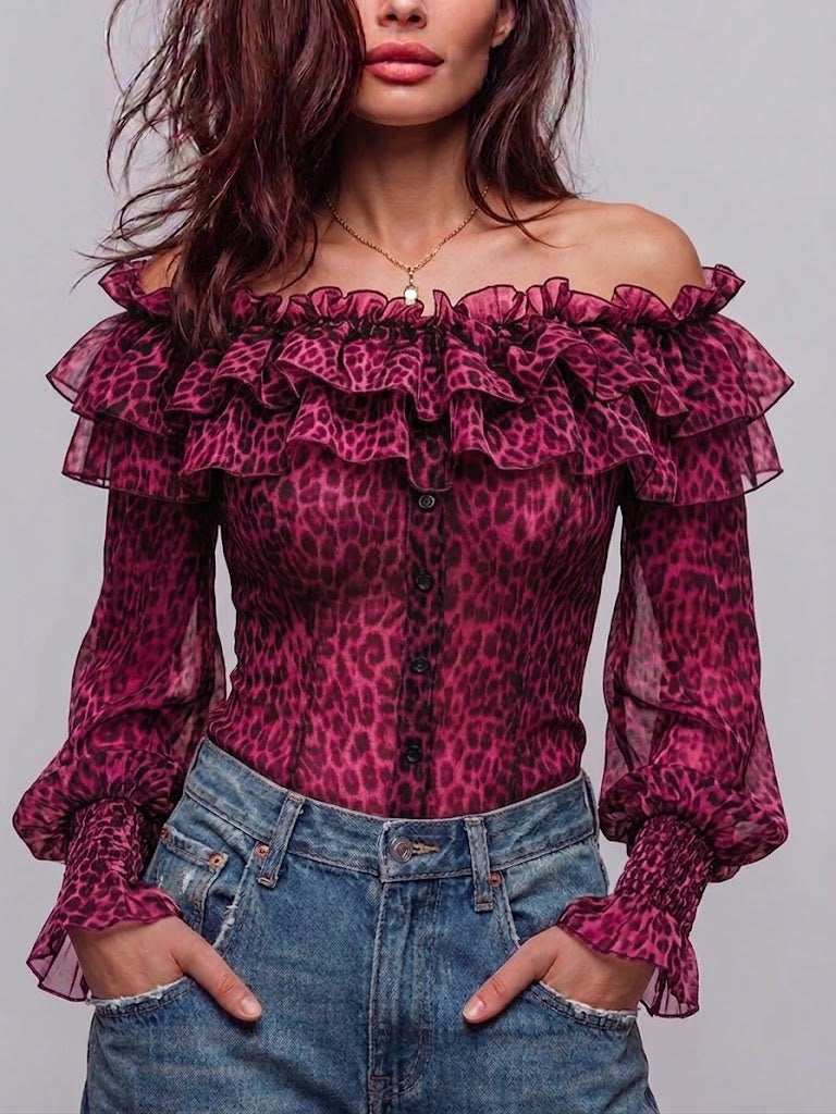 Women's Off Shoulder Chiffon Blouse Leopard Print Ruffle Mesh Top
