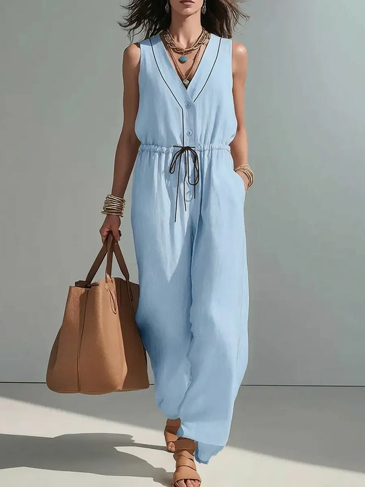 Linen Sleeveless V-Neck Jumpsuit for Women