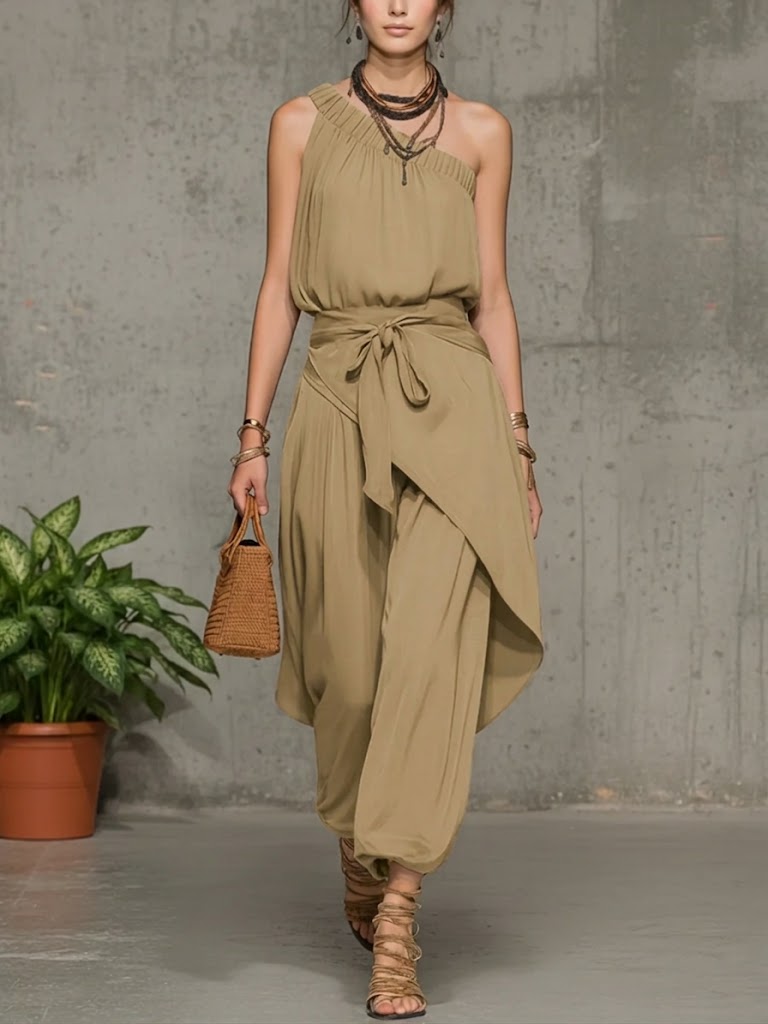 Women's One Shoulder Linen Jumpsuit Harem Wide Leg Romper