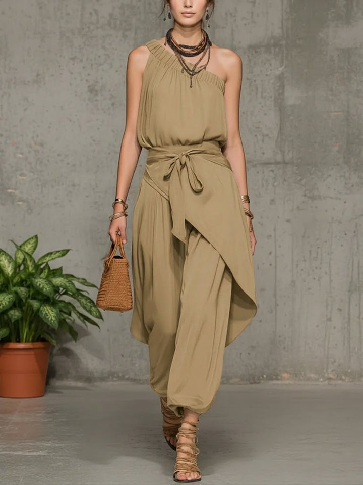 Women's One Shoulder Linen Jumpsuit Harem Wide Leg Romper
