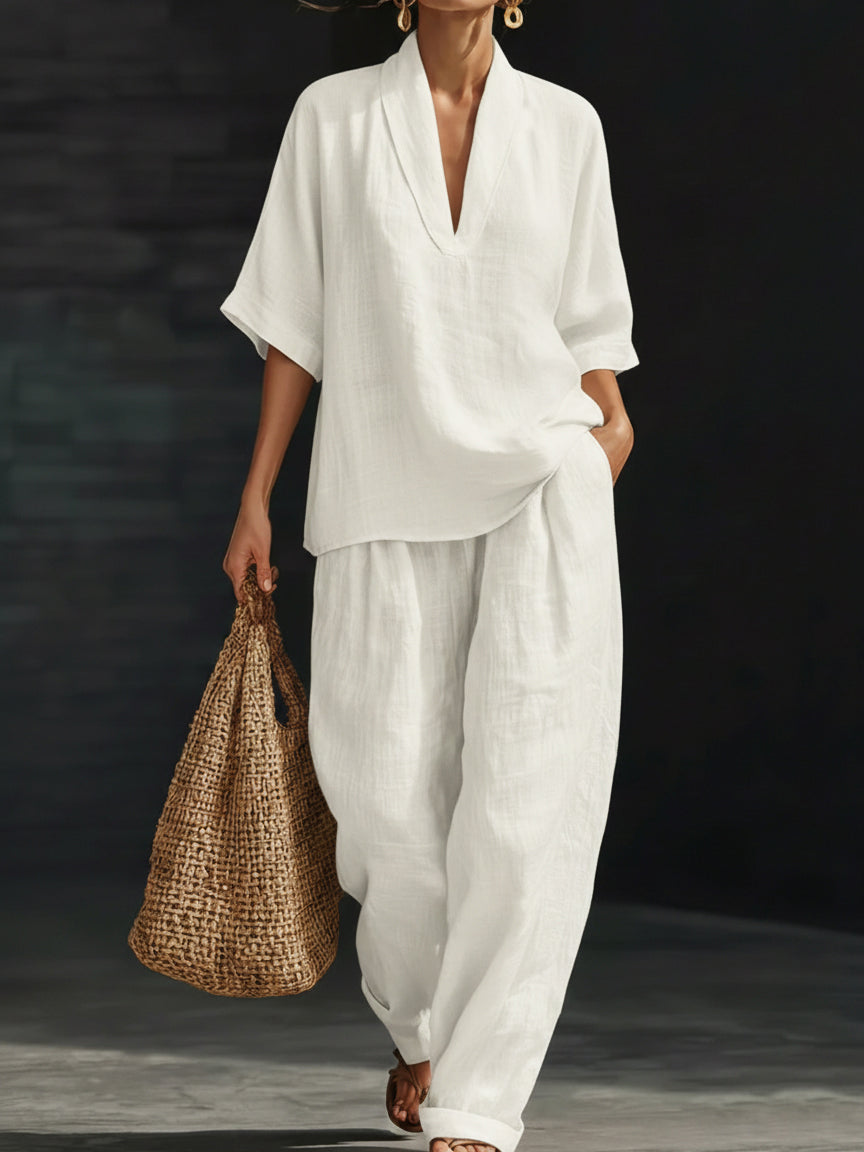 Women's Linen Two Piece Set V Neck Short Sleeve Top and Wide Leg Trousers